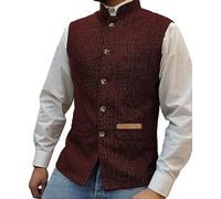 Yiaisafa Mens Mock Neck Vests Tweed Waistcoats Stand-up Herringbone Retro Groomsman Lined Vintage Wool Wedding Hunting (Burgundy,XXXL)