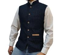 Yiaisafa Mens Mock Neck Vests Tweed Waistcoats Stand-up Herringbone Retro Groomsman Lined Vintage Wool Wedding Hunting (Blue Navy,XXXL)