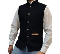Yiaisafa Mens Mock Neck Vests Tweed Waistcoats Stand-up Herringbone Retro Groomsman Lined Vintage Wool Wedding Hunting (Navy,XL)