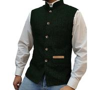 Yiaisafa Mens Mock Neck Vests Tweed Waistcoats Stand-up Herringbone Retro Groomsman Lined Vintage Wool Wedding Hunting (Dark Green,XXXL)