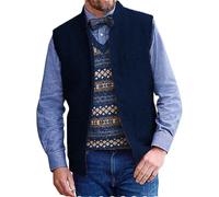 Yiaisafa Tweed Mock Neck Waistcoats Stand-Up Collar Vests Mens Suits Herringbone Retro Wool Wedding Groomsman Vintage(Navy,XXXL)