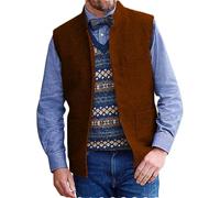 Yiaisafa Tweed Mock Neck Waistcoats Stand-Up Collar Vests Mens Suits Herringbone Retro Wool Wedding Groomsman Vintage(Orange,L)