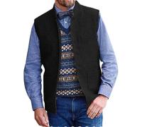 Yiaisafa Tweed Mock Neck Waistcoats Stand-Up Collar Vests Mens Suits Herringbone Retro Wool Wedding Groomsman Vintage(Black,XXL)