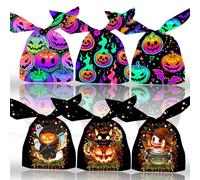 YIAJIA 100 Pcs Pumpkins Halloween Sweet Bags,Halloween Party Bags Fillers Cellophane Bags with Twist Tie for Trick or Treat Party Gift Bags Small Toy Candy Snack Biscuit Party Favor Supplies