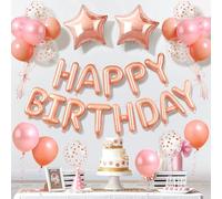 YianHien 33Pcs Rose Gold Happy Birthday Decorations, Mylar & Reusable | Happy Birthday Banner Balloons, Star Foil Balloons, Rose Gold & Confetti Latex Balloons, Birthday Party Decorations for Women