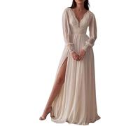 YIANN Beach Wedding Dresses for Bride with Lace Applique Long Sleeve Split Chiffon A Line Bridal Gowns for Women UK20 Ivory