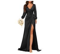 YIANN Black Bridesmaid Dresses with Slit Long Pleated Mermaid Formal Party Gowns for Women Long Sleeve Evening Dresses UK18