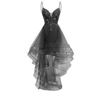 YIANN Black Tulle Prom Dresses for Women with Lace Applique A Line Spaghetti Strap Ball Gown Long Cocktail Party Dress UK6