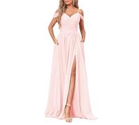 YIANN Blush Pink Bridesmaid Dresses for Women Off The Shoulder Long Chiffon Split Formal Evening Gown with Pockets UK8