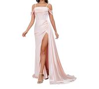 YIANN Blush Pink Prom Dresses with Slit for Teens Cold Shoulder Satin Formal Party Dress Corset Long Ball Gown UK8