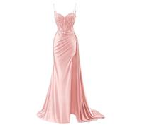 YIANN Blush Pink Satin Mermaid Prom Dresses for Women Long Ball Gown Spaghetti Strap Evening Gown with Slit UK16