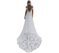 YIANN Bohemian Lace Wedding Dresses for Bride with Slit Sweep Train Cold Shoulder Beach Bridal Gown UK12 Ivory
