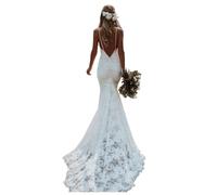 YIANN Boho Beach Wedding Dresses for Women Spaghetti Strap Mermaid Bridal Gown Ivory V Neck Engagement Dress UK10
