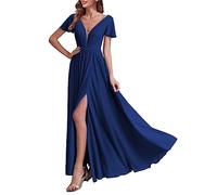 YIANN Bridesmaid Dresses A Line V Neck Chiffon Maxi Elegant Long Evening Party Gowns for Women with Pockets Slit Royal Blue UK12