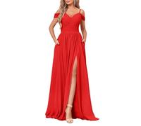 YIANN Bridesmaid Dresses Long Spaghetti Strap Chiffon Red Maid of Honor Evening Dress Formal Gown with Pockets UK20