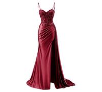 YIANN Burgundy Corset Prom Dresses Long Ball Gown Satin Formal Evening Party Gown with Lace Applique UK22