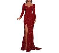 YIANN Burgundy Long Sleeve Prom Dresses with Slit for Women Plus Size Sparkly Sequin Mermaid Formal Evening Dress UK20