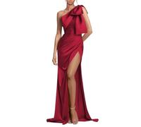 YIANN Burgundy Prom Dresses for Women with Slit 2024 Satin Formal Wedding Evening Gown One Shoulder Bridesmaid Dress UK8