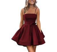 YIANN Burgundy Satin Homecoming Dresses for Teens 2024 Spaghetti Strap Short Prom Gown Knee Length Bridesmaid Dress UK6