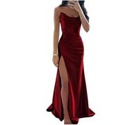 YIANN Burgundy Satin Mermaid Prom Dresses with Slit for Women Pleated Long Maid of Honor Bridesmaid Dress UK6