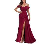 YIANN Burgundy Satin Prom Dresses for Women with Slit Plus Size Long Mermaid Strapless Formal Wedding Guest Dress UK22