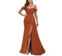 YIANN Burnt Orange Bridesmaid Dresses for Women with Slit Pleated Satin Off Shoulder Mermaid Formal Prom Party Gown UK6