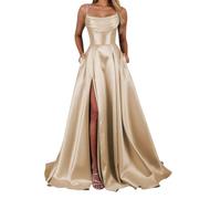 YIANN Champagne Prom Dresses for Women Spaghetti Strap Satin Formal Wedding Guest Dress Long Ball Gown UK10