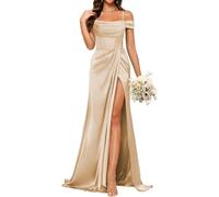 YIANN Champagne Prom Dresses for Women with Slit Cold Shoulder Satin Bridesmaid Dress Formal Party Gown UK16