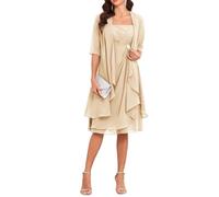 YIANN Champagne Short Mother of The Groom Dresses for Wedding Chiffon Mother of The Bride Dress with Jacket Half Sleeves UK22