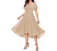 YIANN Champagne Tea Length Mother of The Bride Dresses with Sleeves for Women Lace Applique Chiffon Party Formal Dress UK14