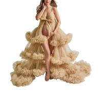 YIANN Champagne Tiered Tulle Maternity Dresses for Photoshoot Slit Ruffles Pregnancy Gown Bridal Lingerie Dress Photography UK10