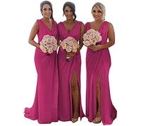 YIANN Chiffon Fuchsia Bridesmaid Dresses Long for Women Ruched V Neck Wedding Guest Dress Formal Evening Gown UK16