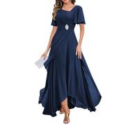 YIANN Chiffon Long Mother of The Bride Dresses for Women with Sleeves Pleated Navy Blue Formal Evening Dress UK16