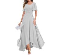 YIANN Chiffon Long Mother of The Bride Dresses for Women with Sleeves Plus Size Silver Formal Evening Dress UK24