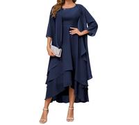 YIANN Classy Mother of The Bride Dresses Tea Length for Women Chiffon A Line Navy Blue Formal Dress with Jacket UK14