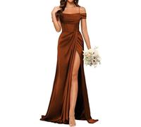 YIANN Cold Shoulder Satin Bridesmaid Dresses for Wedding Pleated Long Mermaid Prom Dress with Slit Burnt Orange UK20