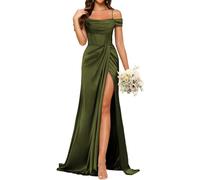 YIANN Cold Shoulder Satin Bridesmaid Dresses for Wedding Pleated Long Mermaid Prom Dress with Slit Olive Green UK8