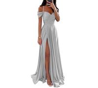 YIANN Cold Shoulder Satin Bridesmaid Dresses Silver for Women with Slit Pleated A Line Elegant Wedding Guest Dress Formal Gown UK14