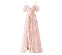 YIANN Cold Shoulder Tulle Prom Dress for Women Flower Embroidery Wedding Guest Dress Blush Pink Ball Gown UK16