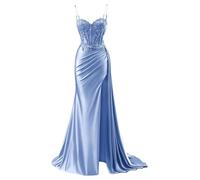 YIANN Dusty Blue Mermaid Prom Dresses for Women 2025 Satin Spaghetti Strap Evening Gowns with Slit UK6