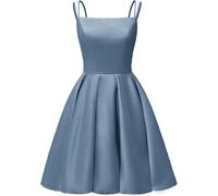 YIANN Dusty Blue Satin Homecoming Dresses for Teens Spaghetti Strap A Line Ball Gown Knee Length Cocktail Prom Dress UK6