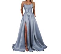 YIANN Dusty Blue Satin Prom Dresses for Women with Slit Pleated Corset Long Formal Dress Evening Party Gown UK16