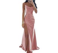 YIANN Dusty Rose Satin Mermaid Prom Dresses with Slit for Women Pleated Long Maid of Honor Bridesmaid Dress UK6