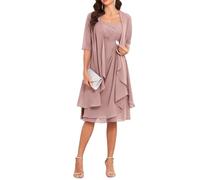 YIANN Dusty Rose Short Mother of The Groom Dresses for Wedding Chiffon Mother of The Bride Dress with Jacket Half Sleeves UK22