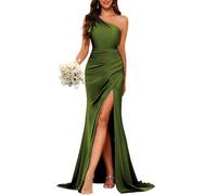 YIANN Elegant One Shoulder Prom Dresses for Teens with Slit 2024 Mermaid Satin Bridesmaid Dress Olive Green Maid of Honor UK10