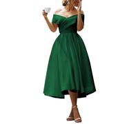 YIANN Elegant Satin Bridesmaid Dress Tea Length Off Shoulder Formal Dresses for Wedding with Pockets Emerald Green Bridal Gown UK16