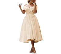 YIANN Elegant Satin Bridesmaid Dress Tea Length Off Shoulder Formal Dresses for Wedding with Pockets Champagne Bridal Gown UK16