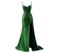 YIANN Emerald Green Corset Prom Dresses Long Ball Gown Satin Ruched Formal Evening Party Gown with Lace Applique UK8