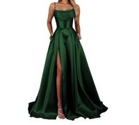 YIANN Emerald Green Satin Prom Dresses for Women with Slit Pleated Corset Long Formal Dress Evening Party Gown UK6