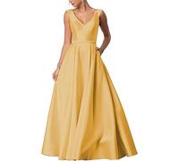 YIANN Evening Gowns for Women V Neck A line Simple Long Satin Elegant Wedding Prom Dresses with Pockets Gold UK14